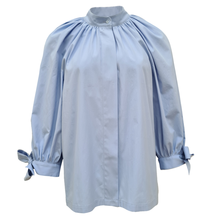 Sky Blue Cotton Blouse with gathered neck, puff sleeves and bow ties - front view