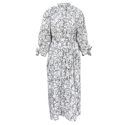 Crowded faces print cotton summer shirt dress with puff sleeves with belt