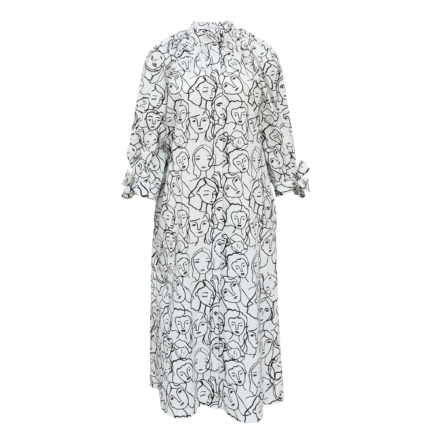 Crowded faces print cotton summer shirt dress with puff sleeves