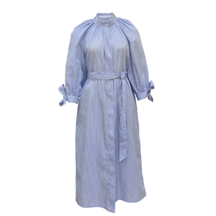 Blue and white striped cotton shirt dress with puff sleeves and belt