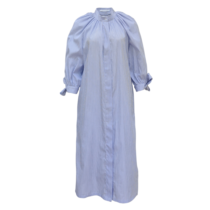 White and blue striped shirt dress with puff sleeves without belt front view