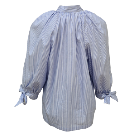 Blue and white striped blouse with gathered neck and puff sleeves with bow ties back view