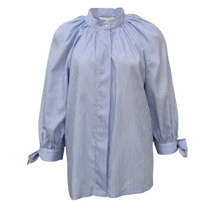 Blue and white striped blouse with gathered neck and puff sleeves with bow ties front view