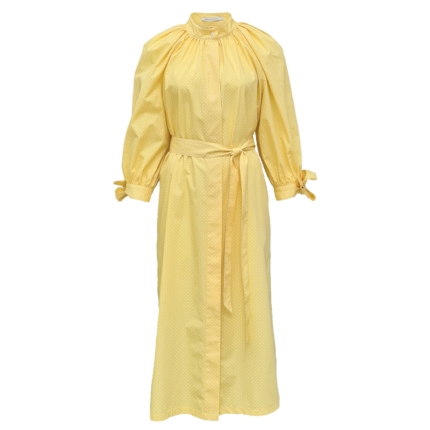 Yellow and white polka dot cotton summer shirt dress with puff sleeves and belt