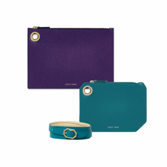 Purple and Teal Leather Pouches with Bracelet as Wristlet