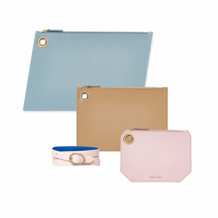 Powder Blue Nude Beige and Pink Leather Pouches with Bracelet as Wristlet