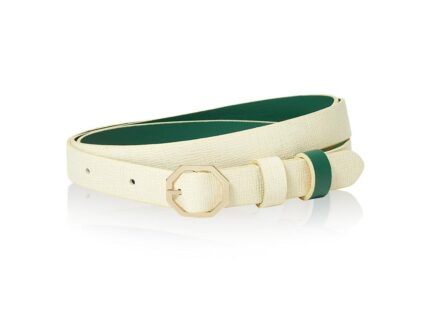 Cream White & Green Leather Belt Reversible - Italian Leather
