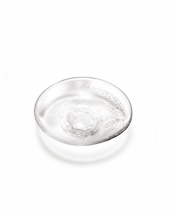 Molten 1090 FLECK hand blown glass trinket bowl silver above view