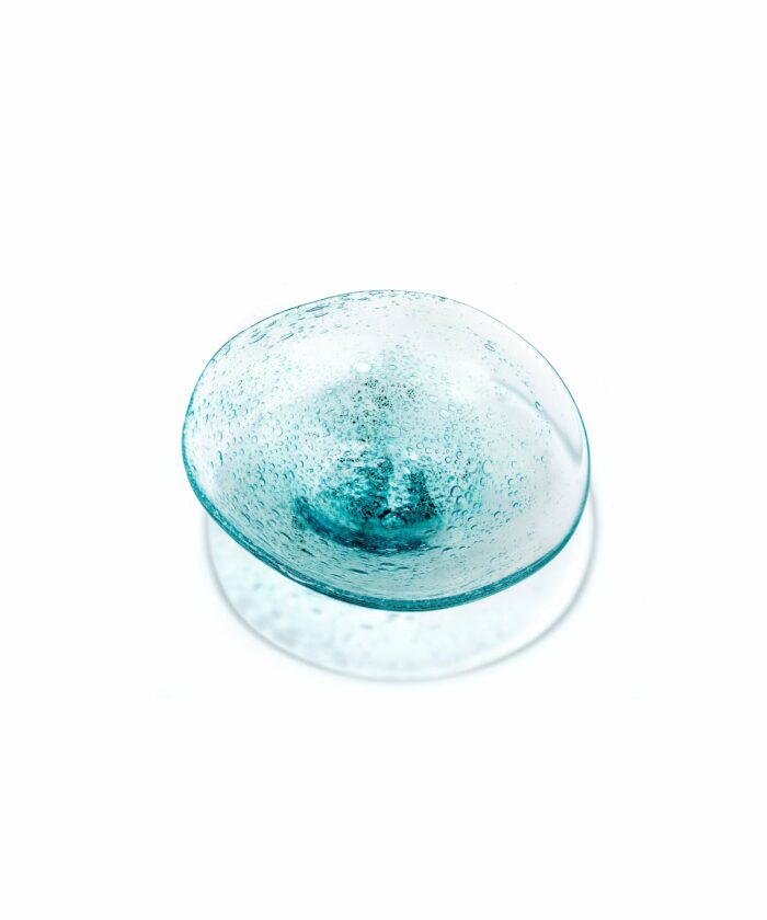 molten 1090 FLUX hand blown glass trinket bowl copper blue above