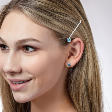 ‘Hairloom’ hair slider with a square Ostro Blue Topaz set in Sterling Silver being worn by model