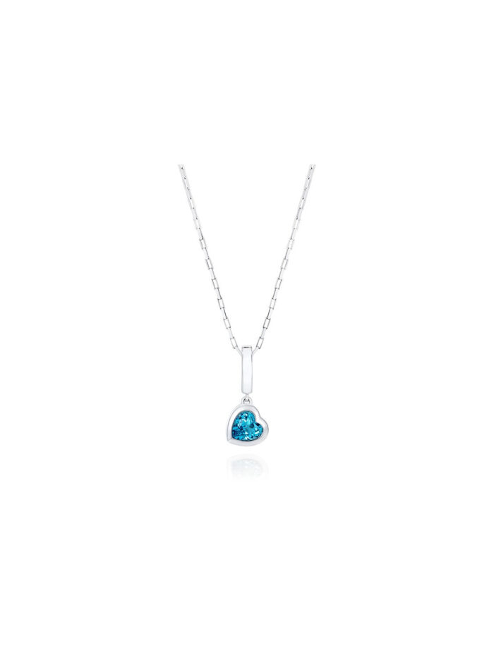 Our ‘Tradition with a twist’ charm with a heart Ostro Blue Topaz set in Sterling Silver on a silver necklace