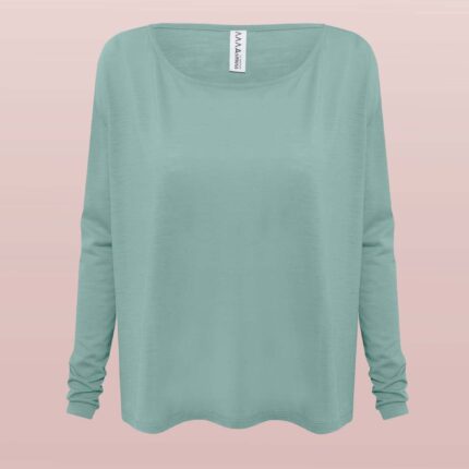 Front view of the Asmuss Long Sleeve A-line T-shirt in Sea Green. A great elevate essential for everyday or travel adventures made from soft wool blended with 37.5 Technology to help regulate your body temperature