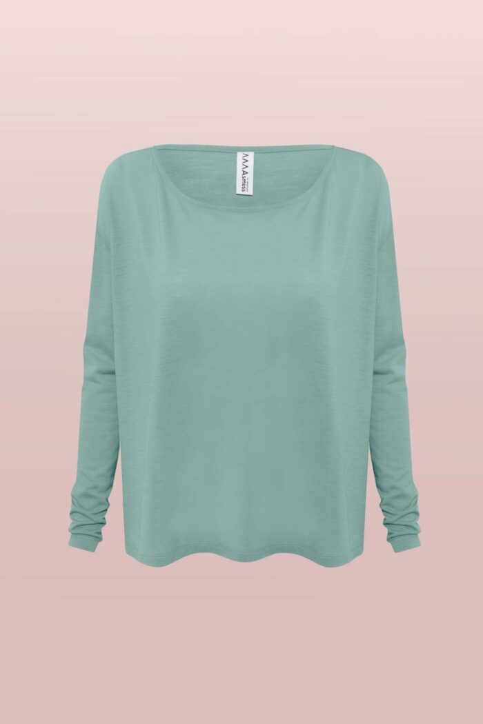Front view of the Asmuss Long Sleeve A-line T-shirt in Sea Green. A great elevate essential for everyday or travel adventures made from soft wool blended with 37.5 Technology to help regulate your body temperature