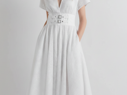 Meimeij White Cotton Eyelet Double Belted Dress