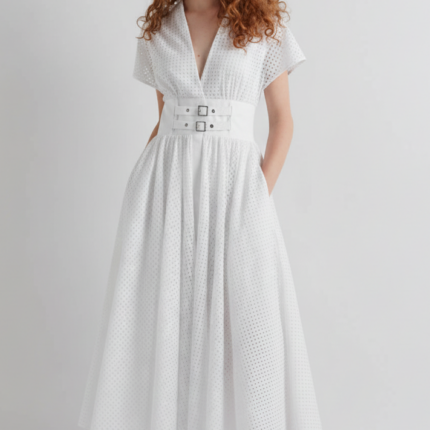 Meimeij White Cotton Eyelet Double Belted Dress