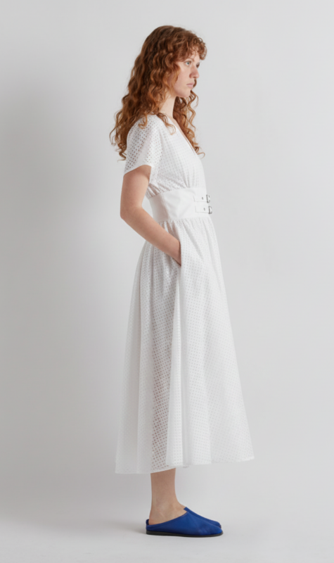 Meimeij White Double Belted Cotton Dress