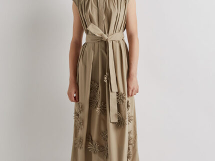 Meimeij Khaki Floral Applique Cotton Dress