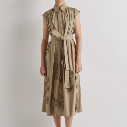 Meimeij Khaki Floral Applique Cotton Dress