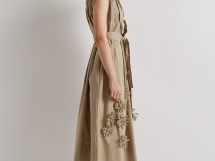 Meimeij Khaki Floral Applique Cotton Dress