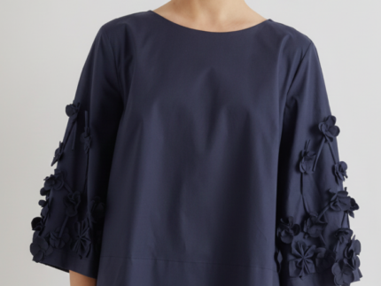 Meimeij Navy Blue Floral Applique Cotton Top