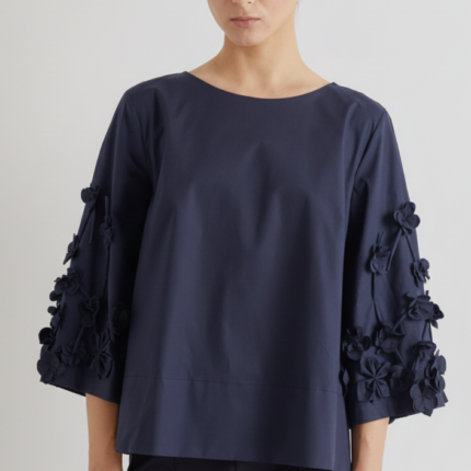 Meimeij Navy Blue Floral Applique Cotton Top
