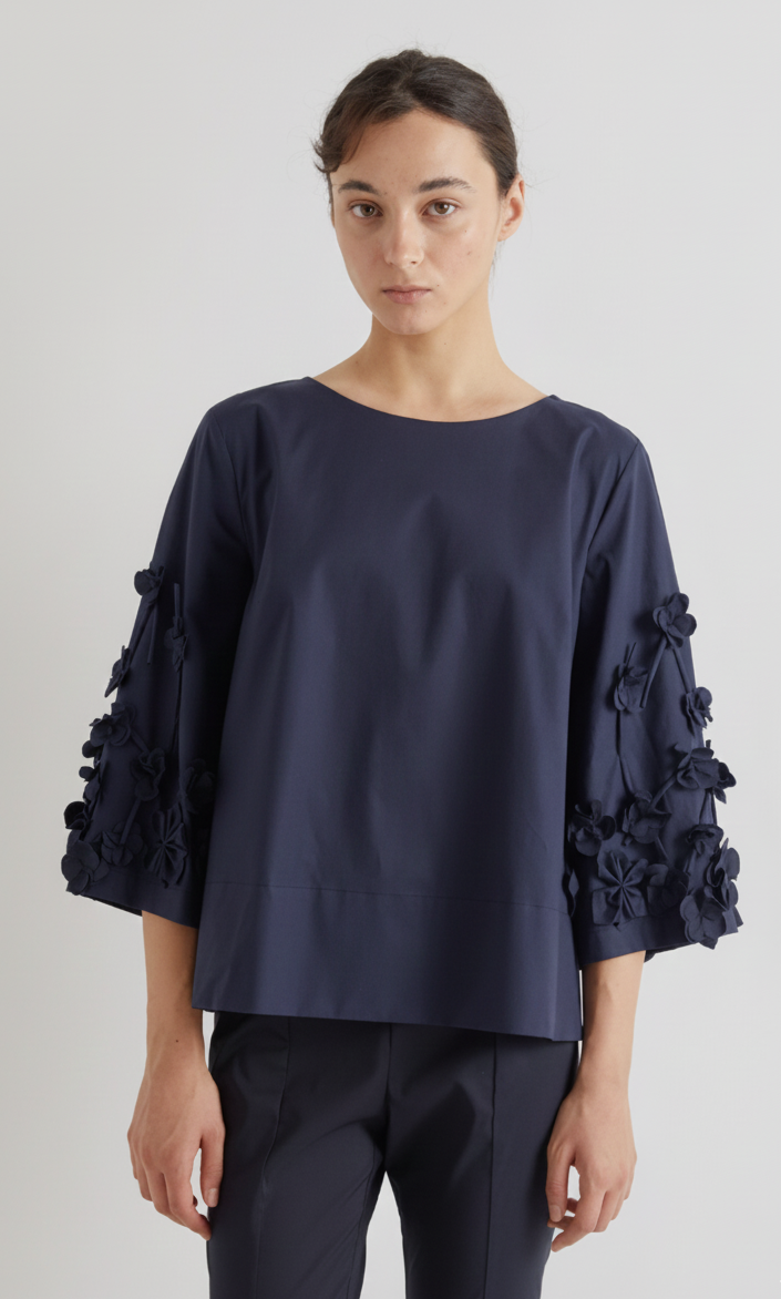 Meimeij Navy Blue Floral Applique Cotton Top