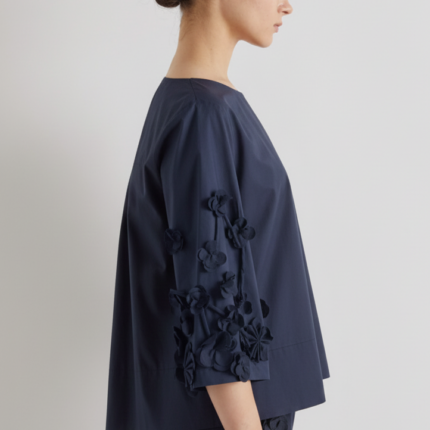 Meimeij Navy Blue Floral Applique Cotton Top