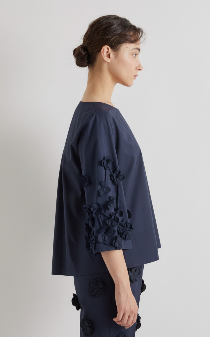 Meimeij Navy Blue Floral Applique Cotton Top