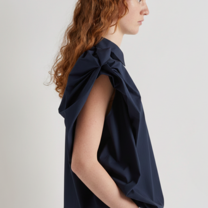 Meimeij Navy Asymmetric Cap Sleeve Shirt