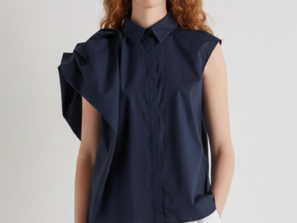 Meimeij Navy Asymmetric Cap Sleeve Shirt