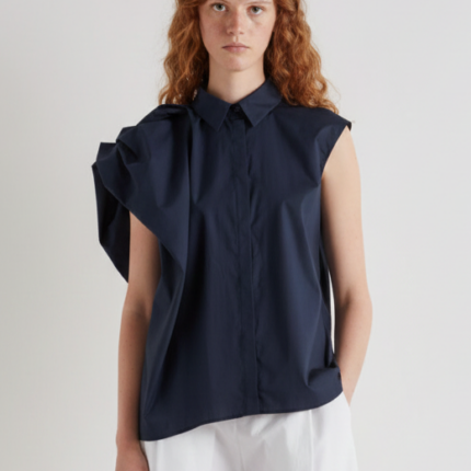 Meimeij Navy Asymmetric Cap Sleeve Shirt