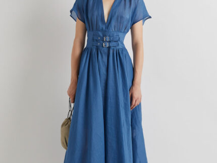 Meimeij Blue Ramie Double Belted Dress