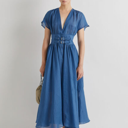 Meimeij Blue Ramie Double Belted Dress