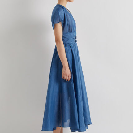 Meimeij Blue Ramie Double Belted Dress