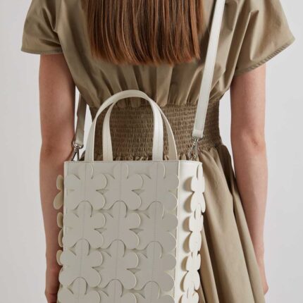 Meimeij White Leather Flower Tote Bag