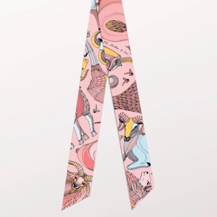 Pig Chicken Cow Scarf Sheep Pink Silk Twilly