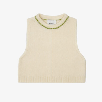 Cream sleeveless lambswool knitted vest with moss green trim on white background. Saywood's Ada Sweater Vest, handcrafted in the UK with Scottish-spun yarn.