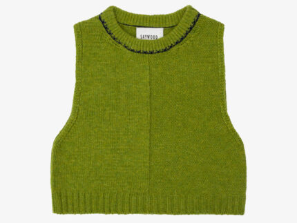 Moss green lambswool knitted vest with navy contrast trim on white background. Saywood's Ada Sweater Vest, made in the UK with Scottish-spun yarn.