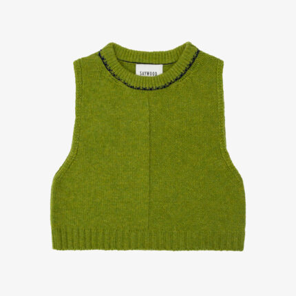 Moss green lambswool knitted vest with navy contrast trim on white background. Saywood's Ada Sweater Vest, made in the UK with Scottish-spun yarn.