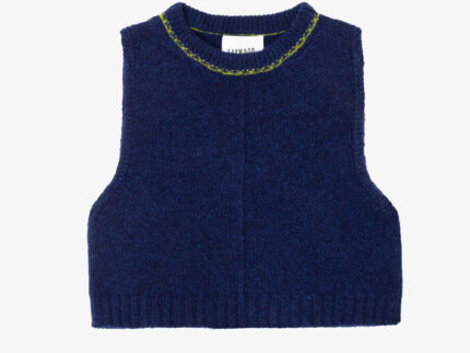 Midnight navy lambswool knitted vest with moss green contrast trim on white background. Saywood's Ada Sweater Vest, made in the UK with Scottish-spun yarn.