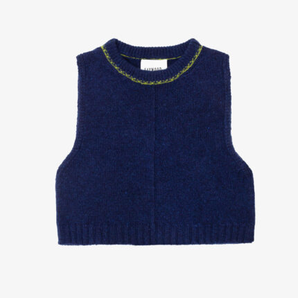 Midnight navy lambswool knitted vest with moss green contrast trim on white background. Saywood's Ada Sweater Vest, made in the UK with Scottish-spun yarn.