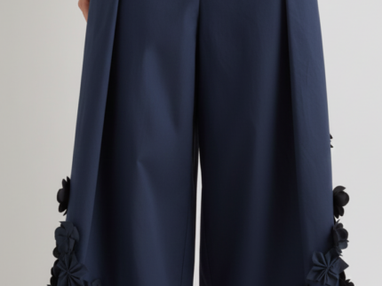 Meimeij Navy Blue Floral Applique Cotton Trousers