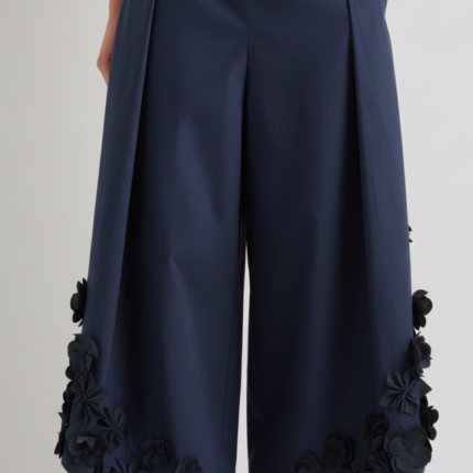 Meimeij Navy Blue Floral Applique Cotton Trousers