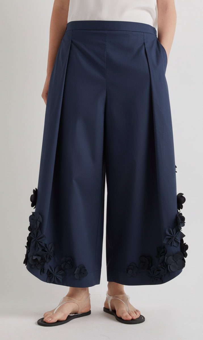 Meimeij Navy Blue Floral Applique Cotton Trousers