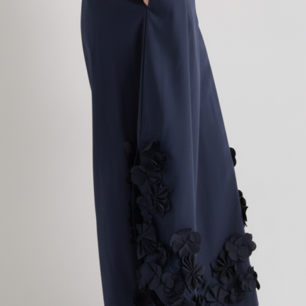 Meimeij Navy Blue Floral Applique Cotton Trousers