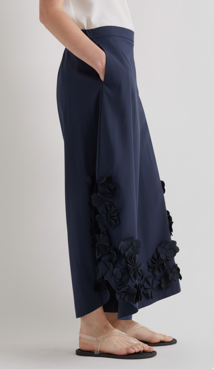 Meimeij Navy Blue Floral Applique Cotton Trousers