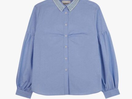Edi Volume Sleeve Shirt in pale blue recycled cotton with lace collar and gathered bust