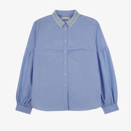 Edi Volume Sleeve Shirt in pale blue recycled cotton with lace collar and gathered bust