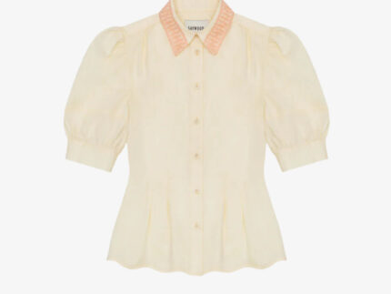 Joni puff sleeve blouse in butter yellow cotton bamboo with orange lace collar trim and scalloped hem, made in London by Saywood