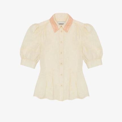 Joni puff sleeve blouse in butter yellow cotton bamboo with orange lace collar trim and scalloped hem, made in London by Saywood